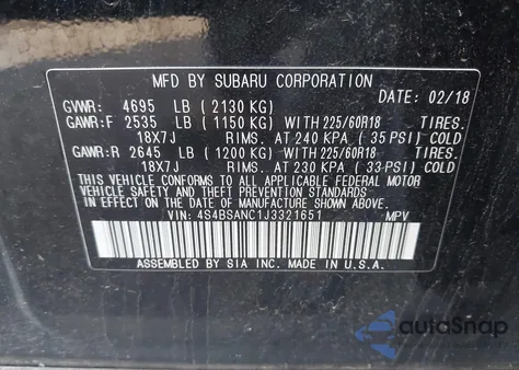 2018 Subaru Outback 2.5I Limited из США, поврежденный, VIN 4S4BSANC1J3321651